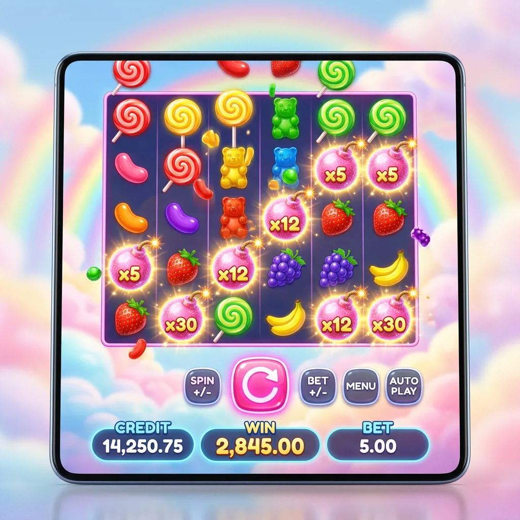 Яркий интерфейс слота Sweet Bonanza с фруктовыми символами и каскадами