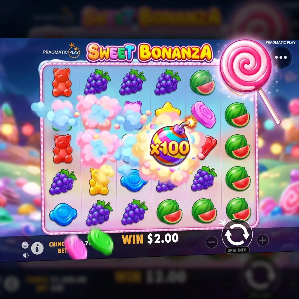 Интерфейс Sweet Bonanza с разноцветными конфетами и фруктами